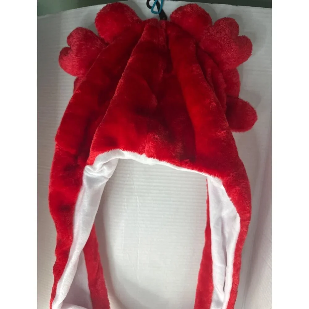 Red Crab Plush Hat Ear Flaps with Arm-Length Attached Mitten Winter fall costume